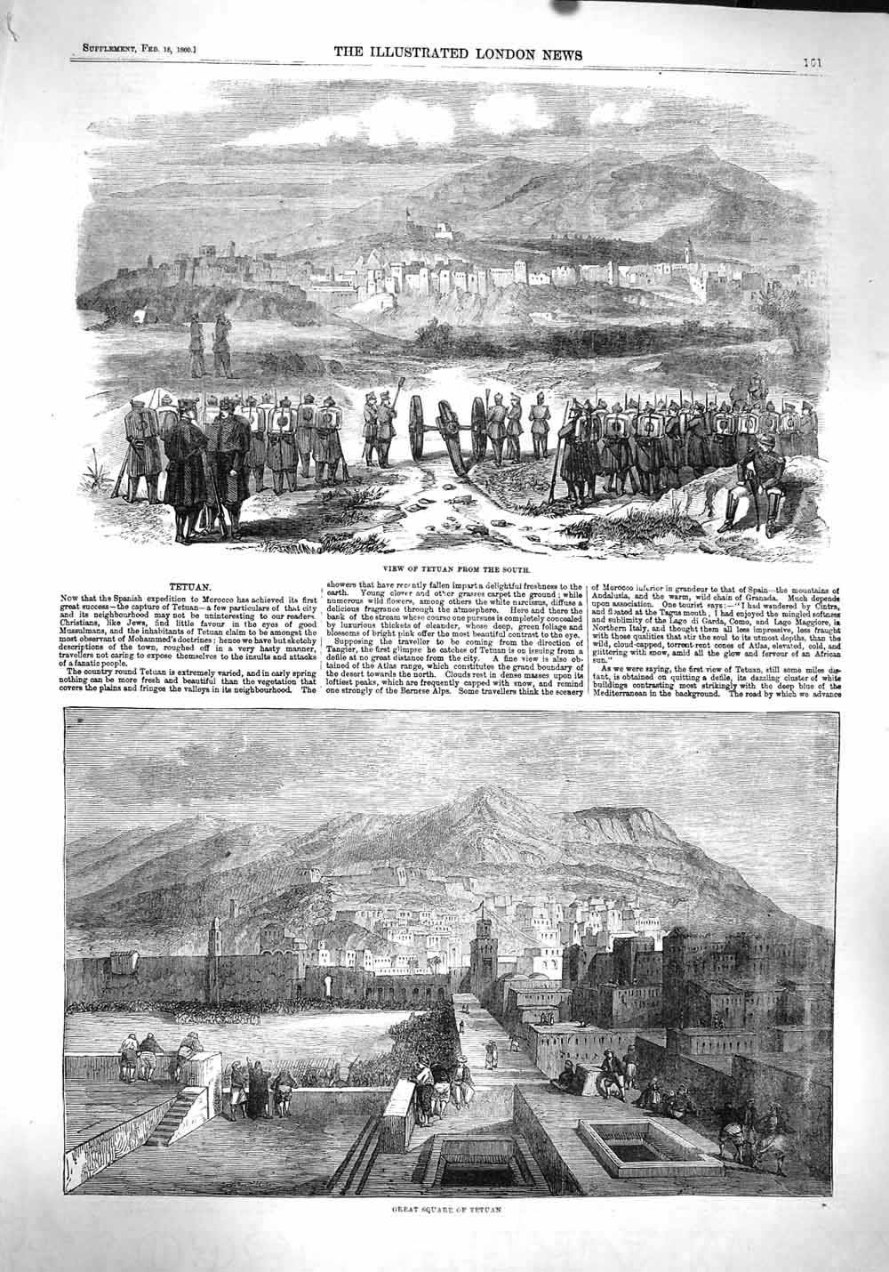 Original Old Antique Print 1860 View Tetuan Great Square Siers War Mountains