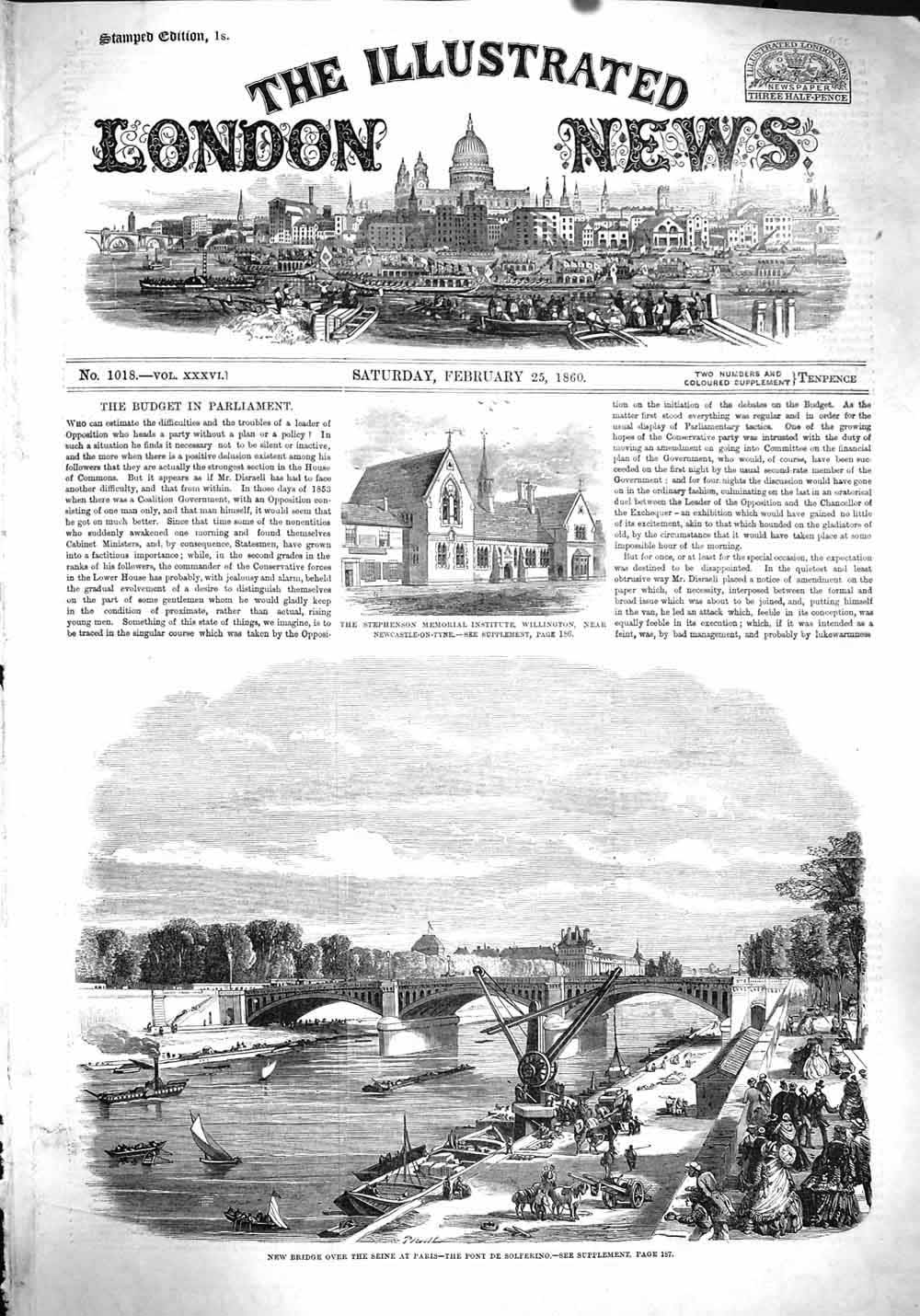 Original Old Antique Print 1860 Bridge River Seine Paris Solferino Stephenson