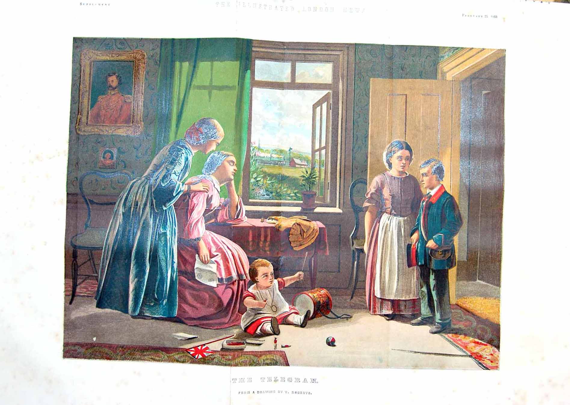 Original Old Antique Print 1860 Colour War Telegraph Family Home Sorrow 19th