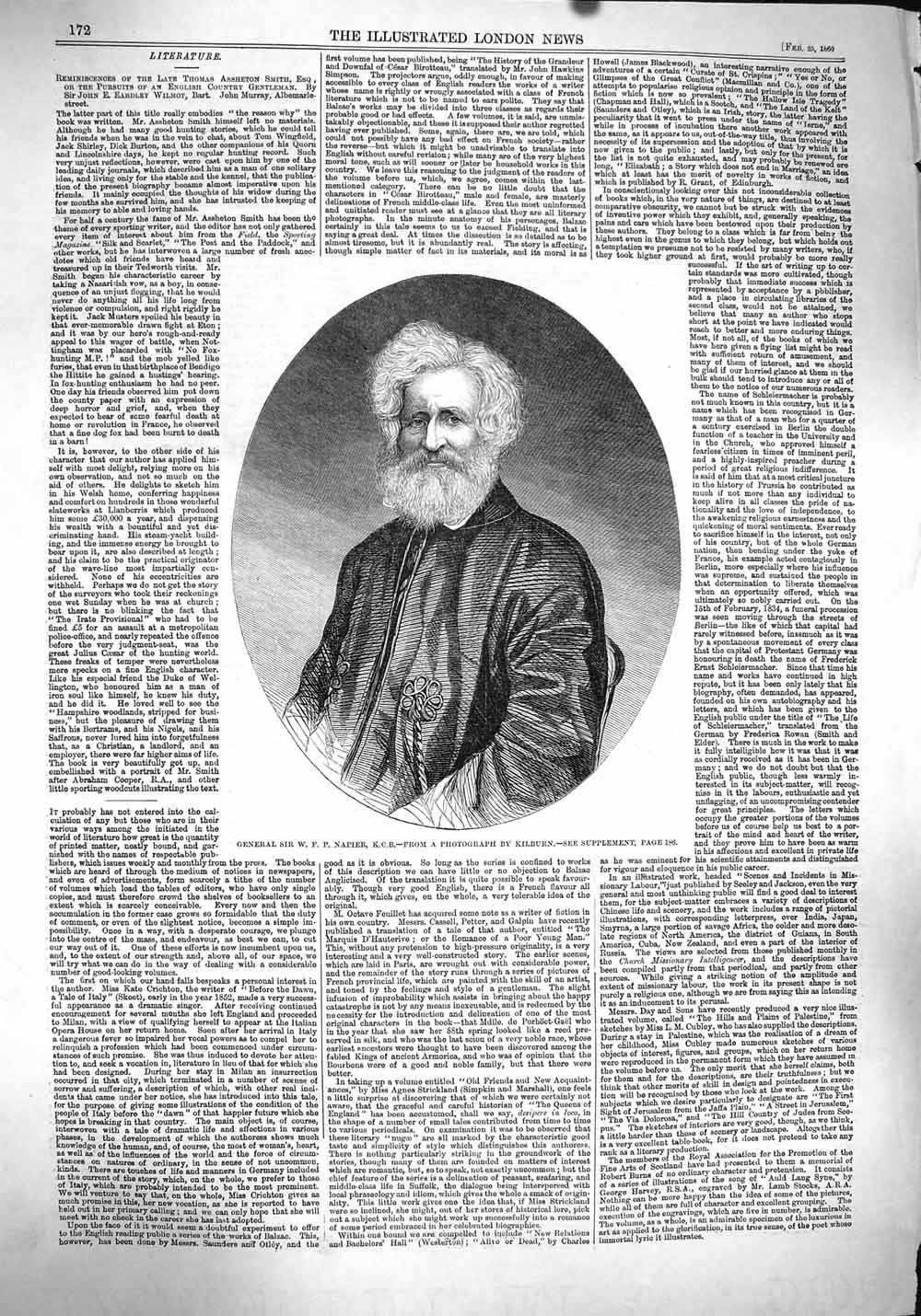 Original Old Antique Print 1860 Portrait General Napier Kilburn 19th