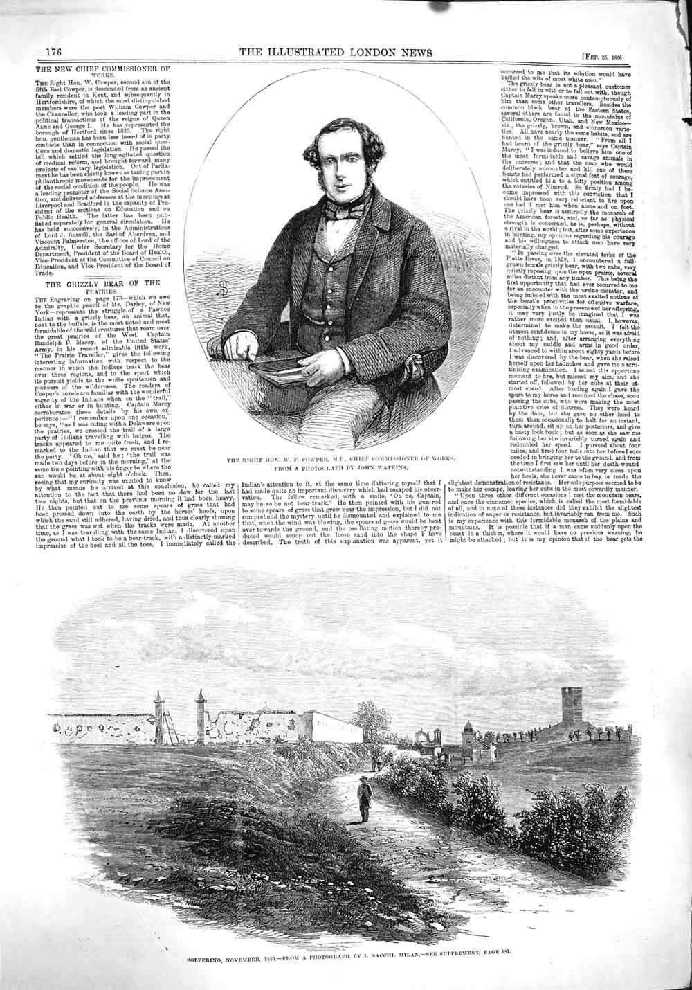 Original Old Antique Print 1860 Cowper Chief Commissioner Works Solferino 19th