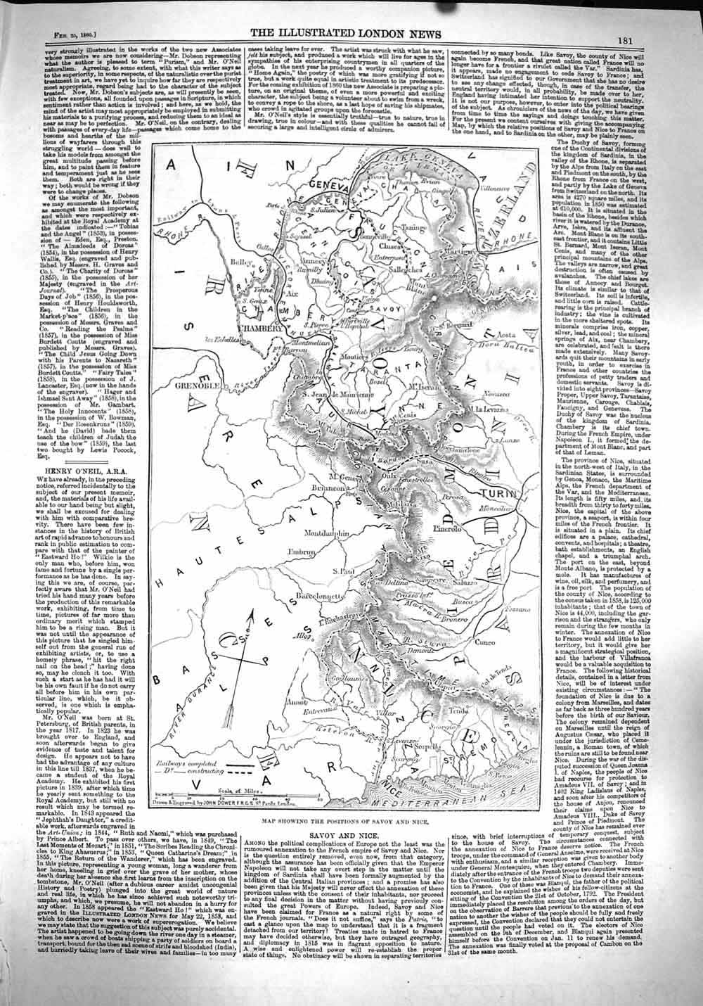 Old Antique Print 1860 Map Savoy Nice France Chambery Turin Mediterranean 19th