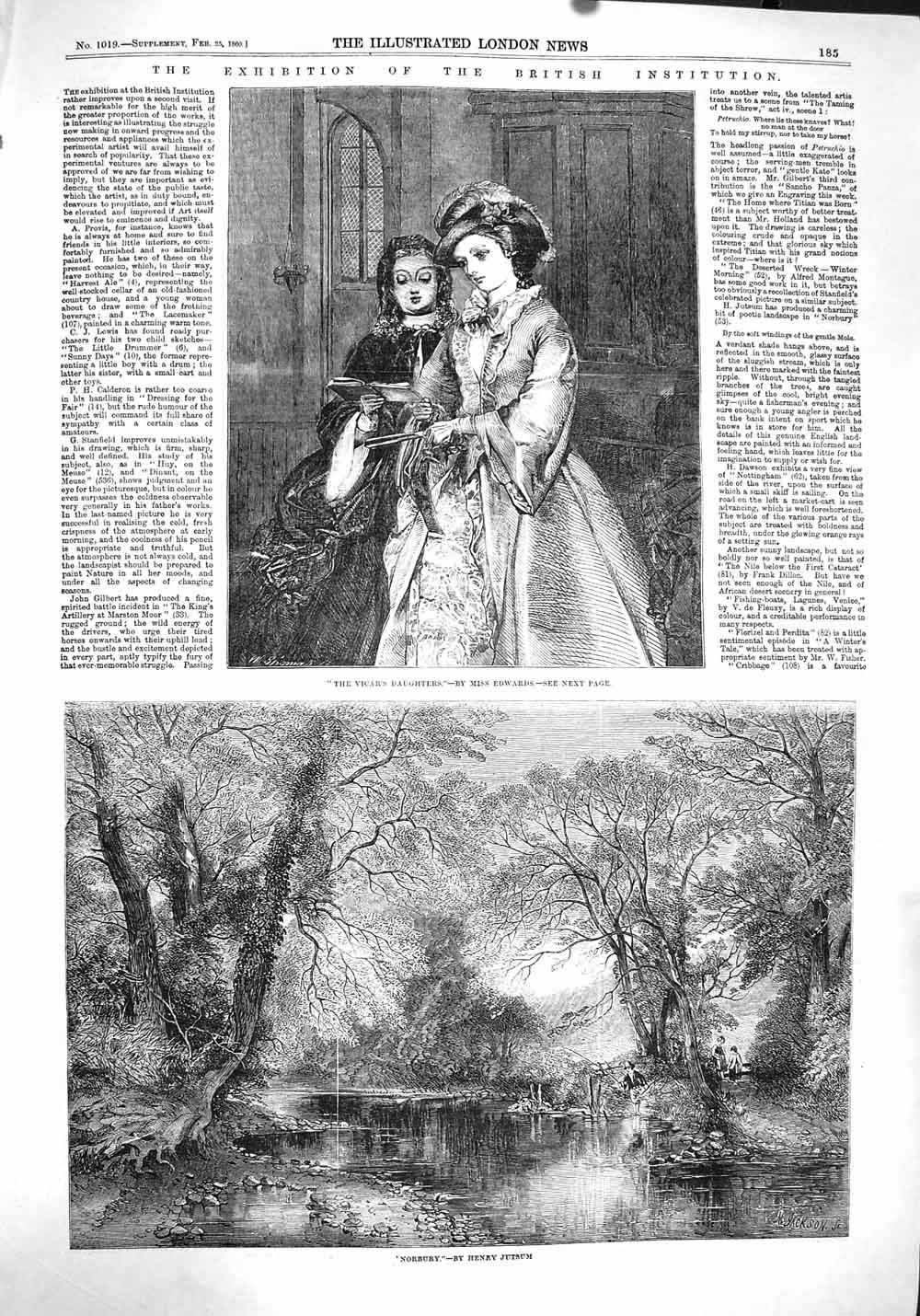 Original Old Antique Print 1860 Vicars Daughters Portrait Norbury River Trees