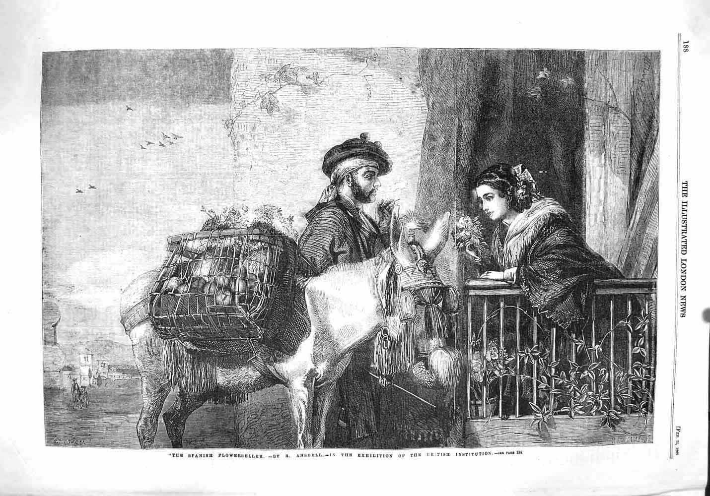 Old Antique Print 1860 Spanish Flowerseller Man Donkey Ansdell Fine Art 19th