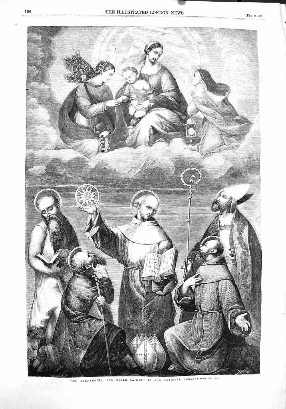 Original Old Antique Print 1860 National Gallery Fine Art St. Bernardino Saints