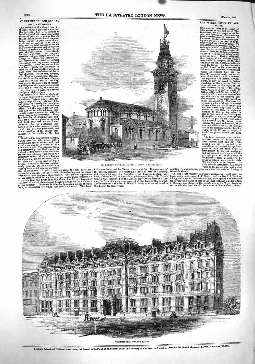 Old Antique Print 1860 Peter'S Church Manchester Westminster Palace Hotel 19th