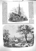 Antique Old Print *3784 1860 Christchurch Cathedral Montreal Bologna Asinelli