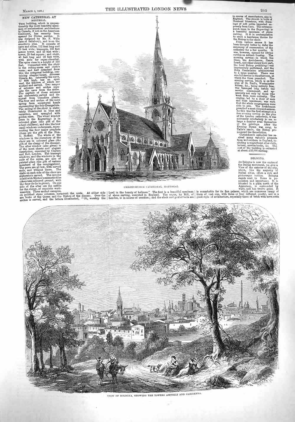 Antique Old Print *3784 1860 Christchurch Cathedral Montreal Bologna Asinelli