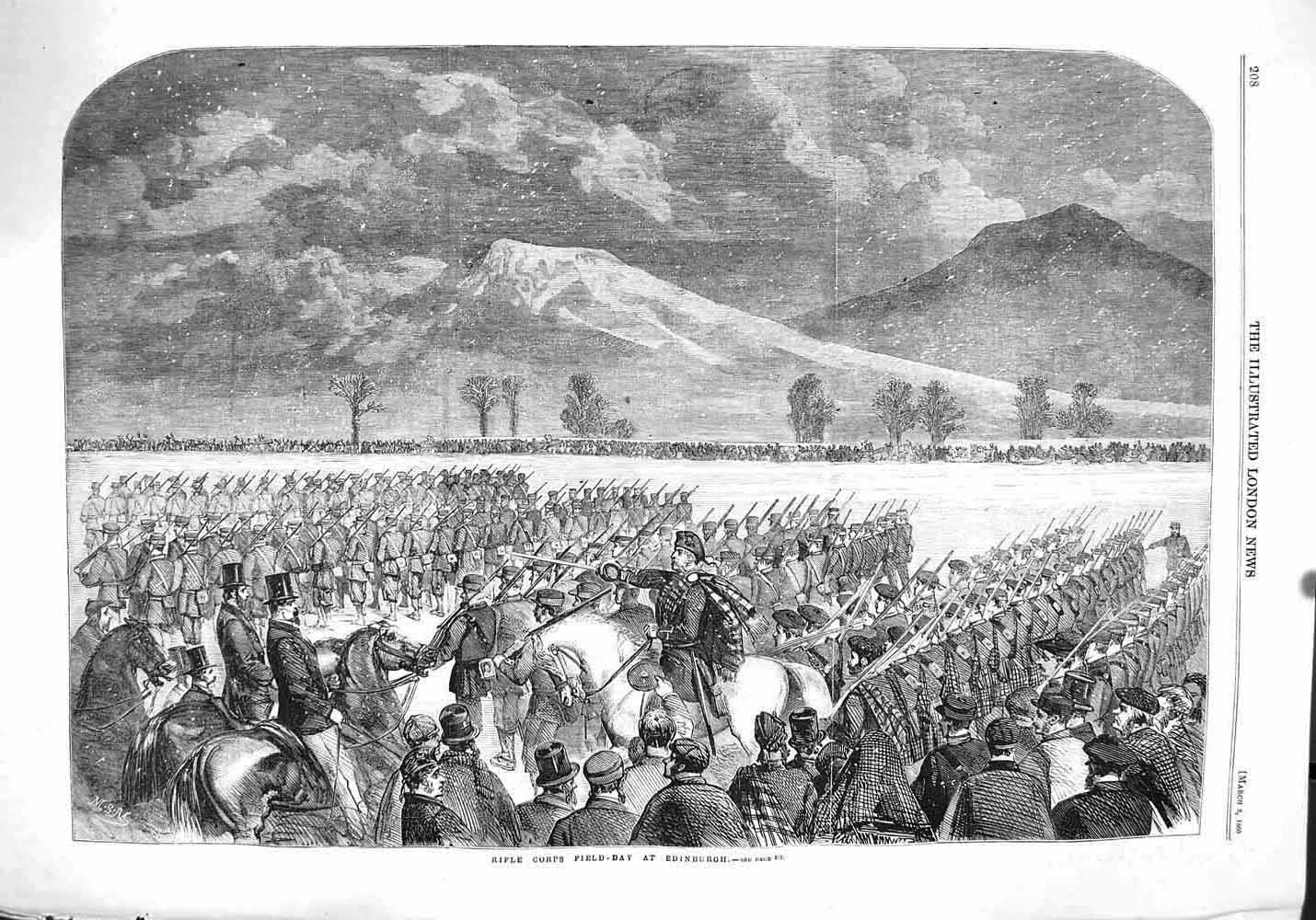 Original Old Antique Print 1860 Rifle Corps Field Day Edinburgh Scotland Siers