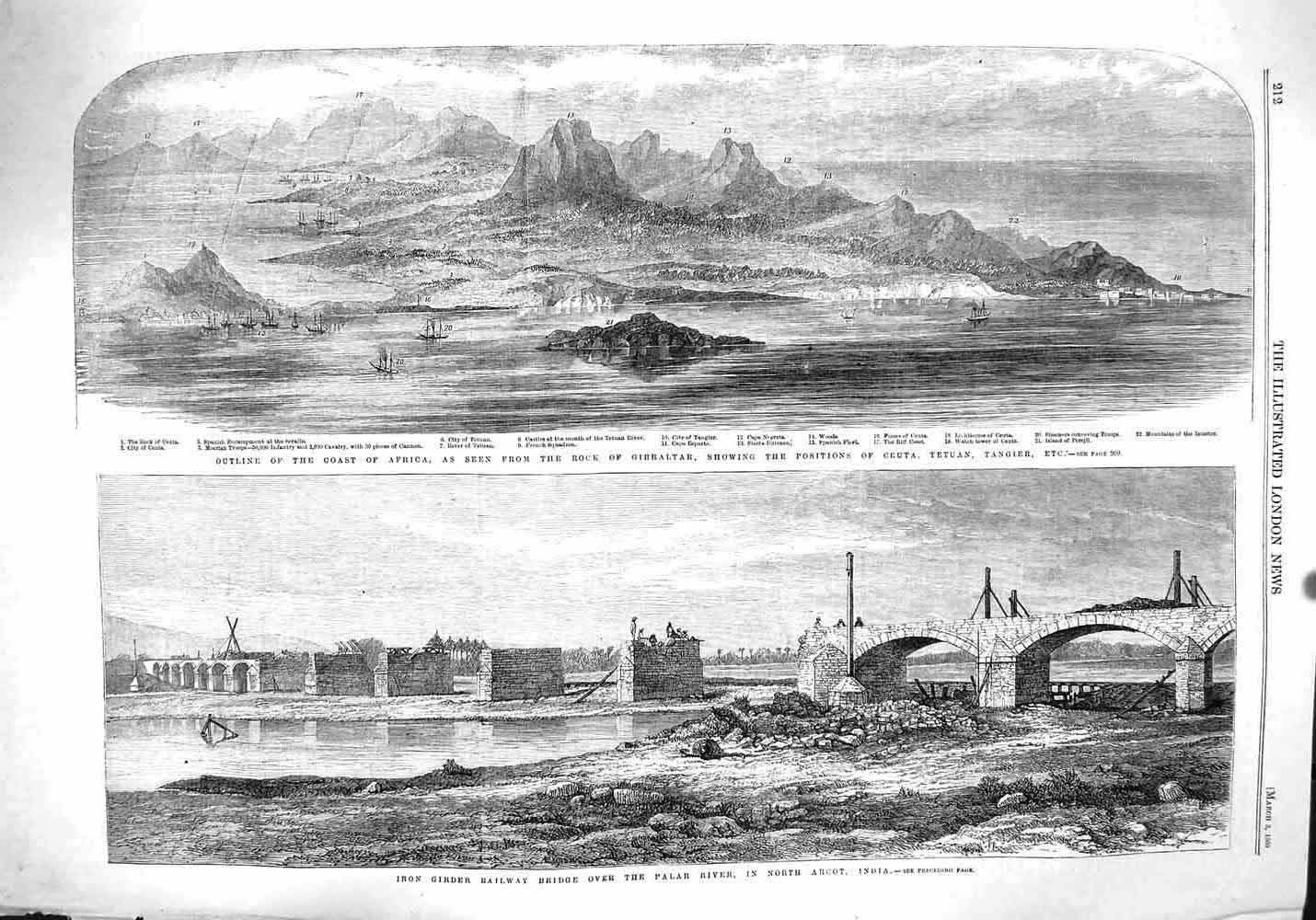 Original Old Antique Print 1860 Africa Rock Gibraltar Iron Railway Bridg 19th
