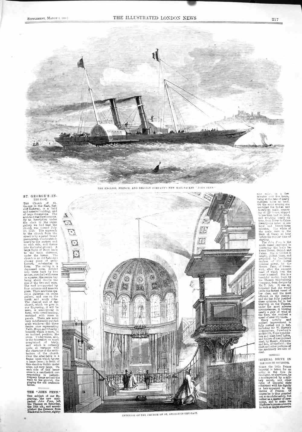 Original Old Antique Print 1860 Church George-In-The-East Packet Ship John Penn