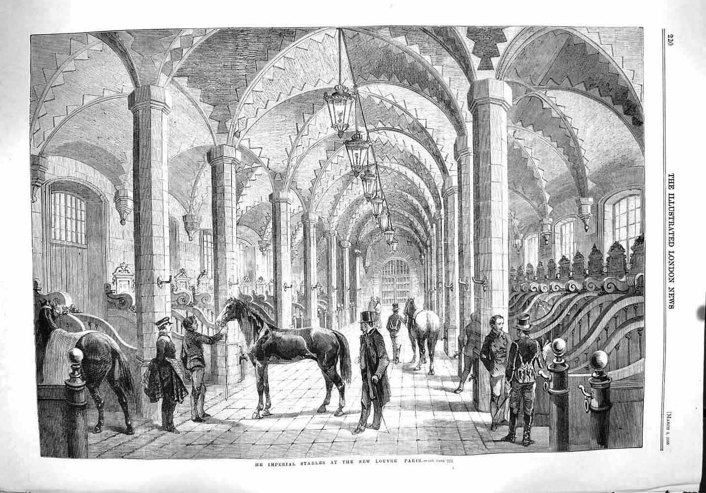 Original Old Antique Print 1860 Imperial Stables New Louver Paris France Horses