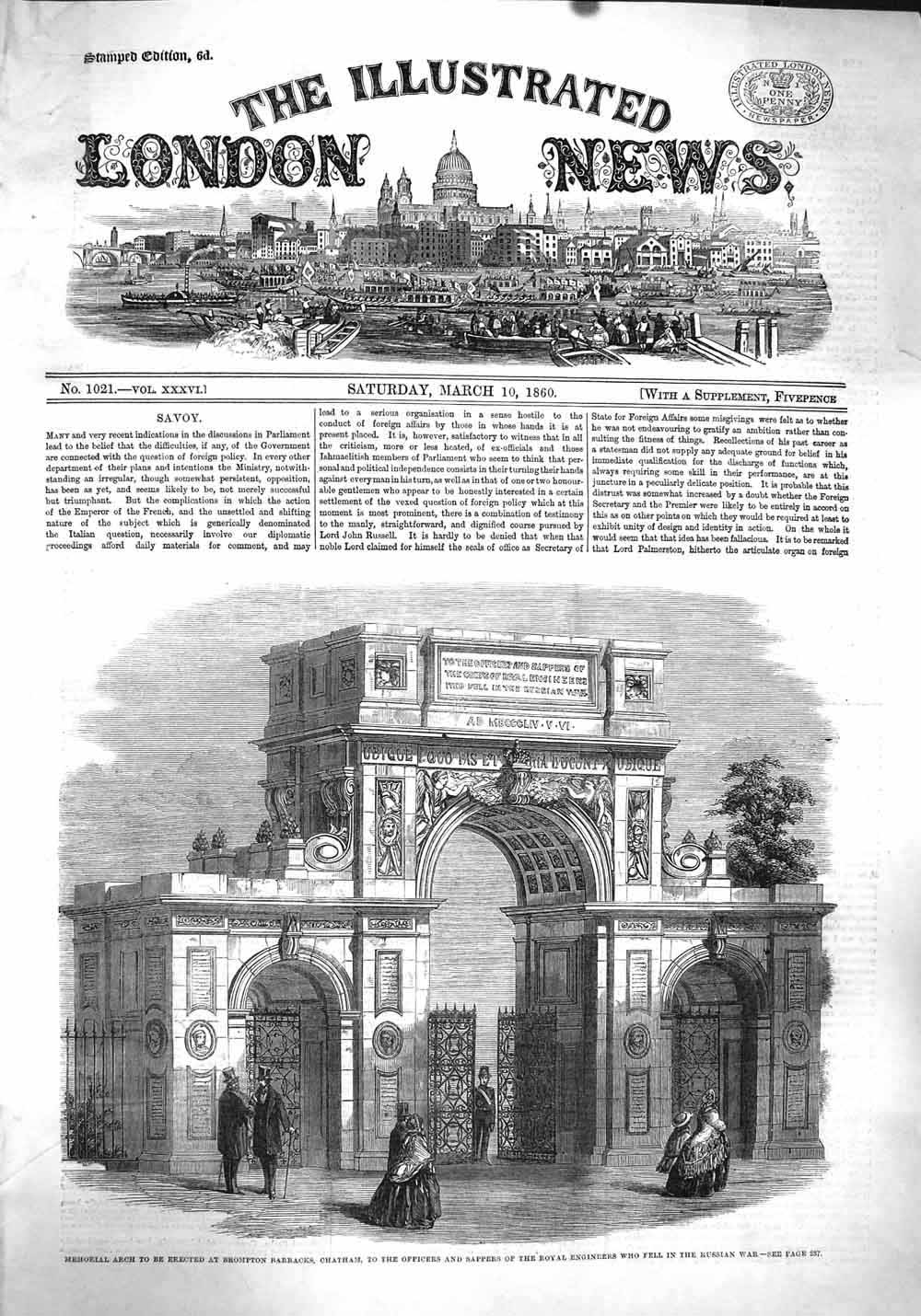Old Antique Print 1860 Memorial Arch Brompton Barracks Chatham Russia War 19th