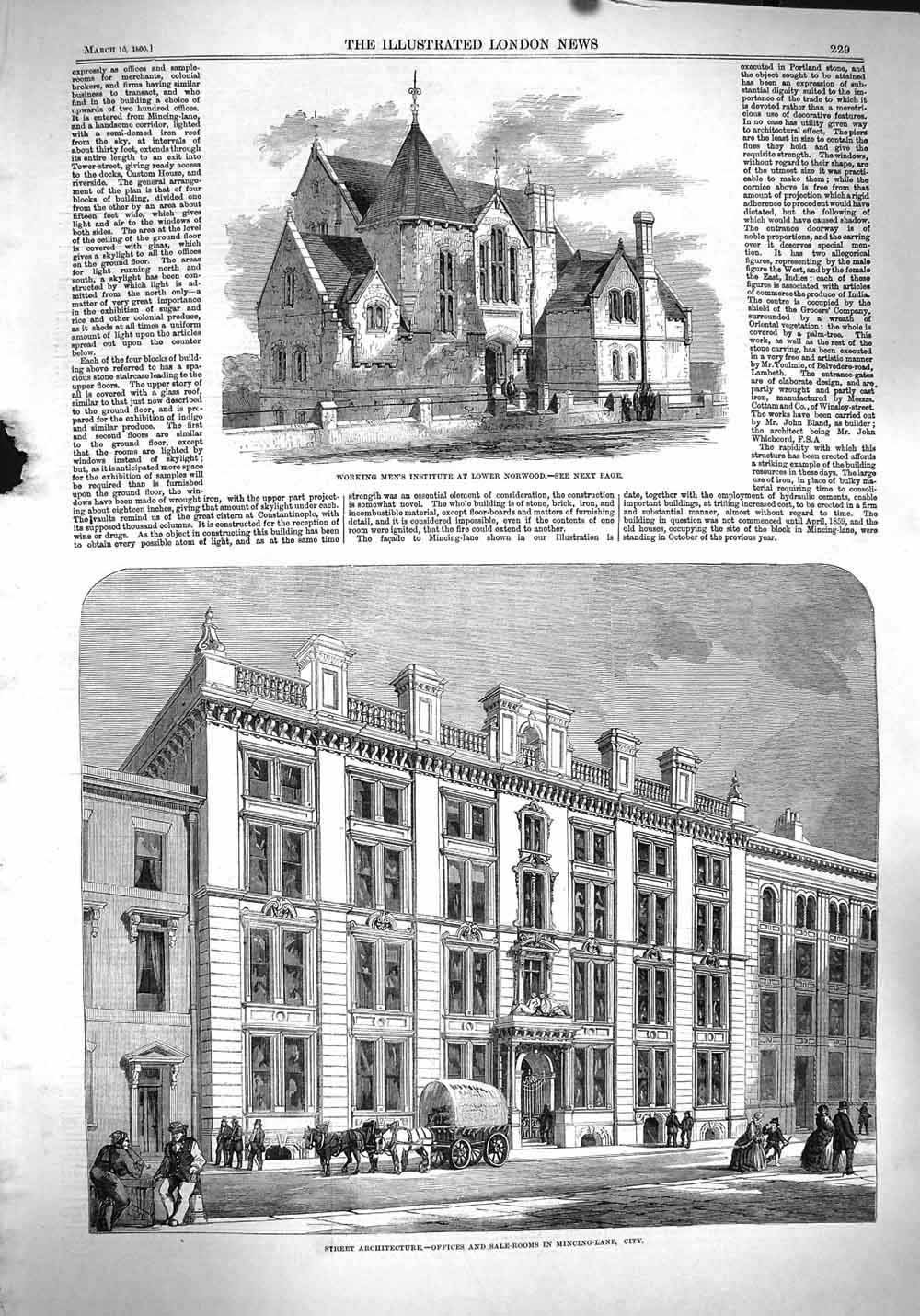 Old Antique Print 1860 Offices Sale Mincing Lane Mens Institute Norwood 19th