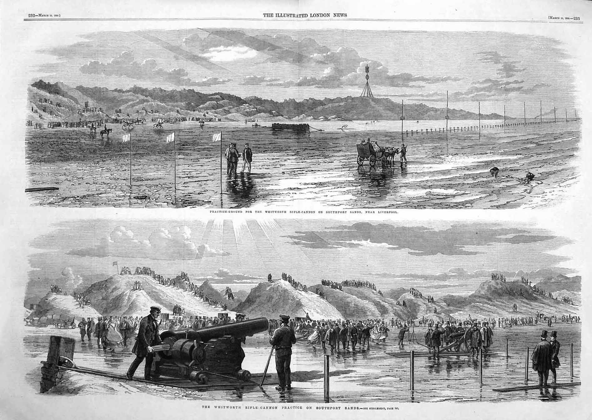 Original Old Antique Print 1860 Whitworth Rifle-Cannon Southport Liverpoo 19th