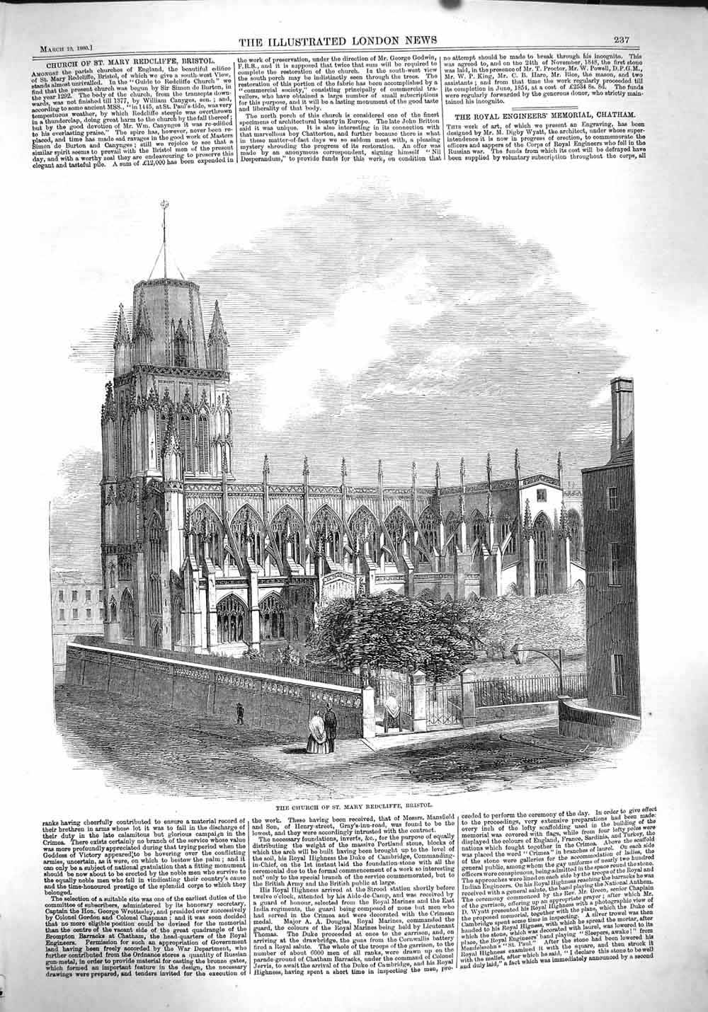 Original Old Antique Print 1860 Church St. Mary Redcliffe Bristol Archi 19th