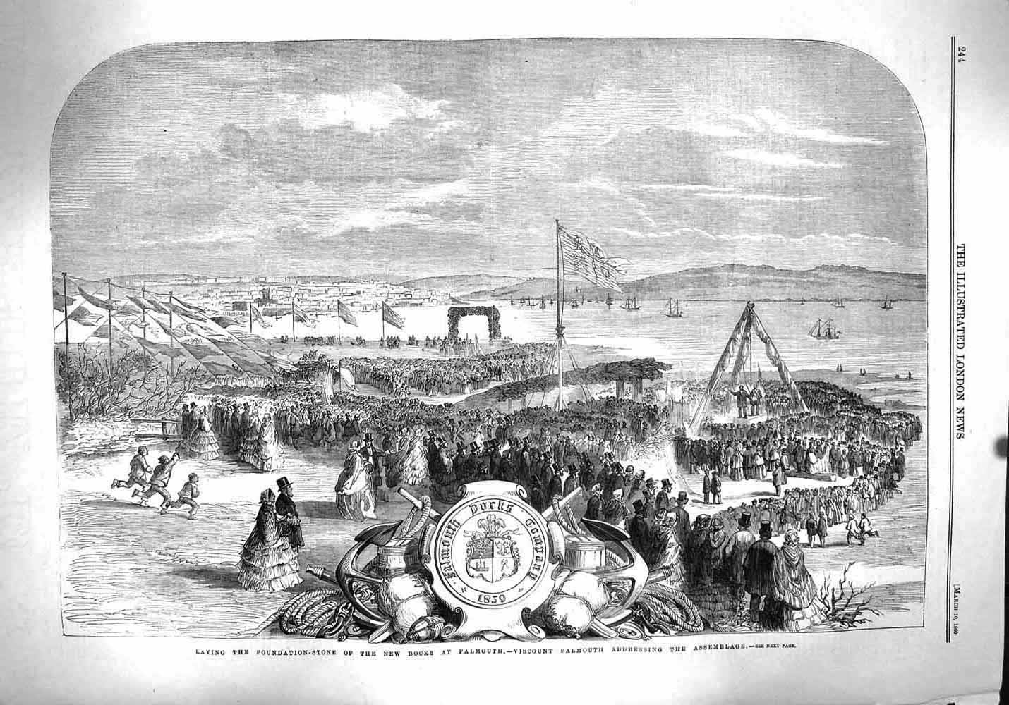 Original Old Antique Print 1860 Foundation Stone Docks Plymouth Falmout 19th