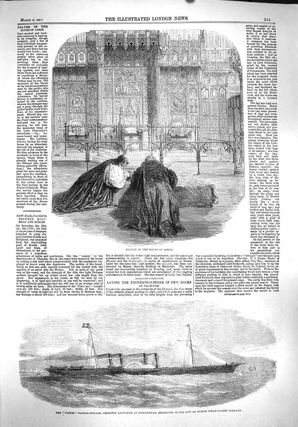 Original Old Antique Print 1860 House Lords Ulster Paddle Steamer Ship Bir 19th