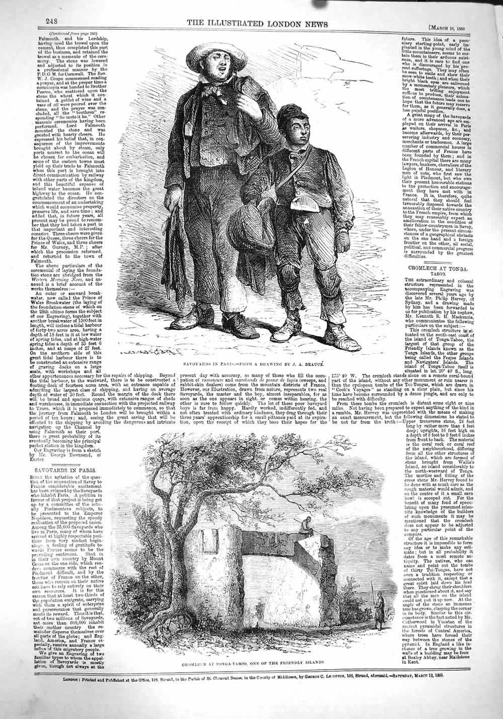 Original Old Antique Print 1860 Savoyards Paris Cromlech Tonga-Taboo Friendly