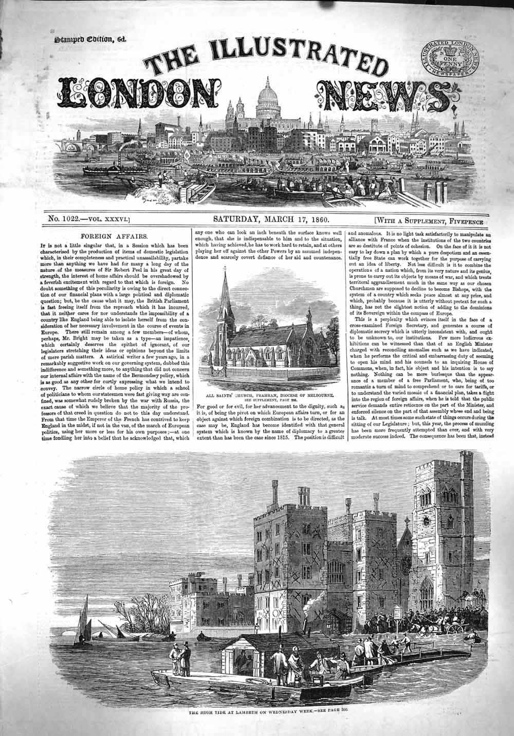 Original Old Antique Print 1860 Church Prahran Melbourne River Thames Lambeth