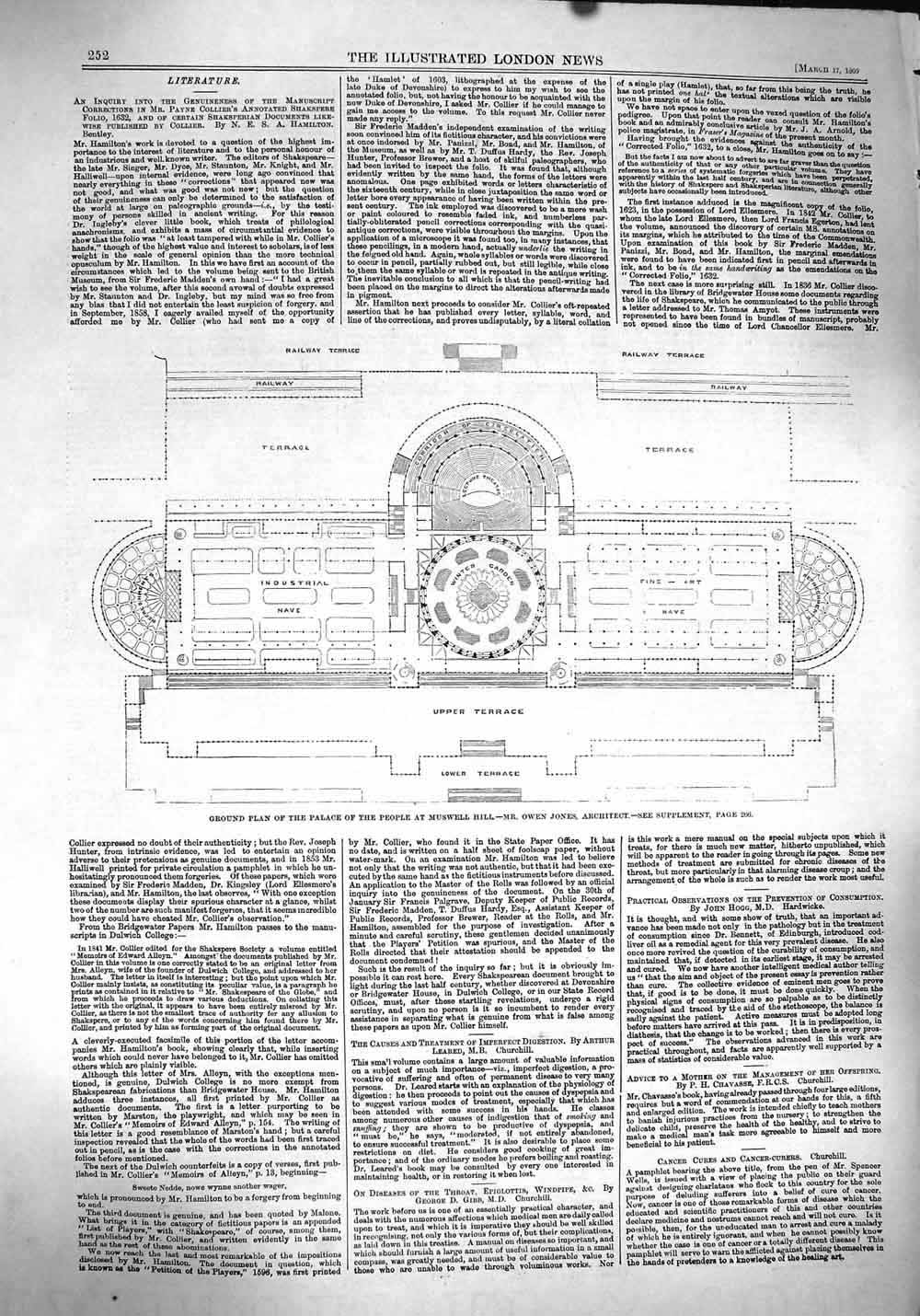 Original Old Antique Print 1860 Plan Palace People Muswell Hill Architecture
