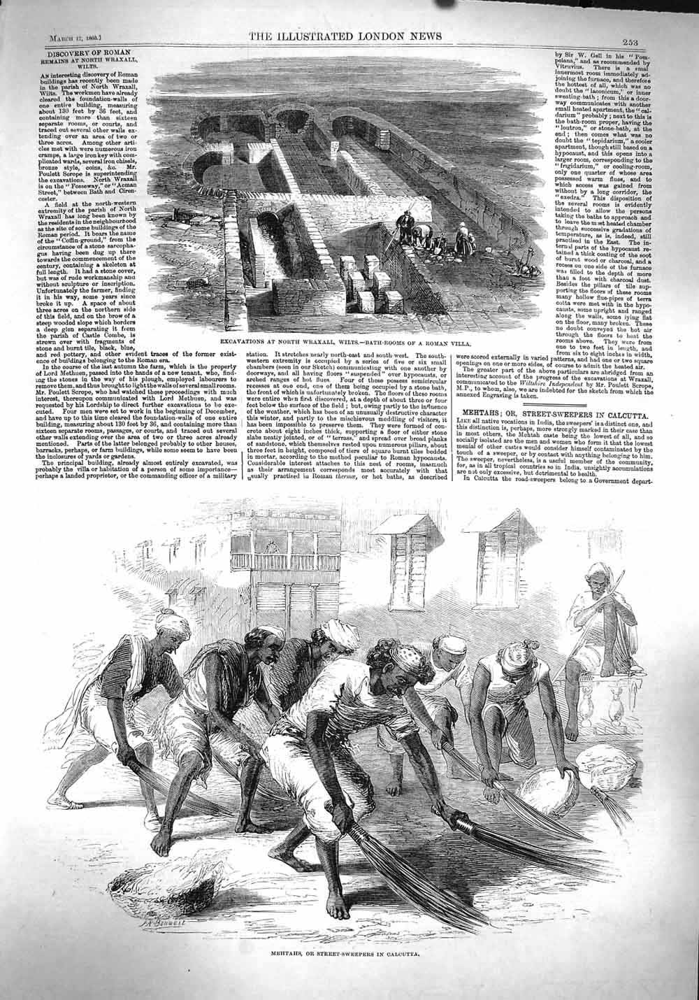 Old Antique Print 1860 Excavations Wraxall Wilts Roman Mehtahs Calcutta 19th