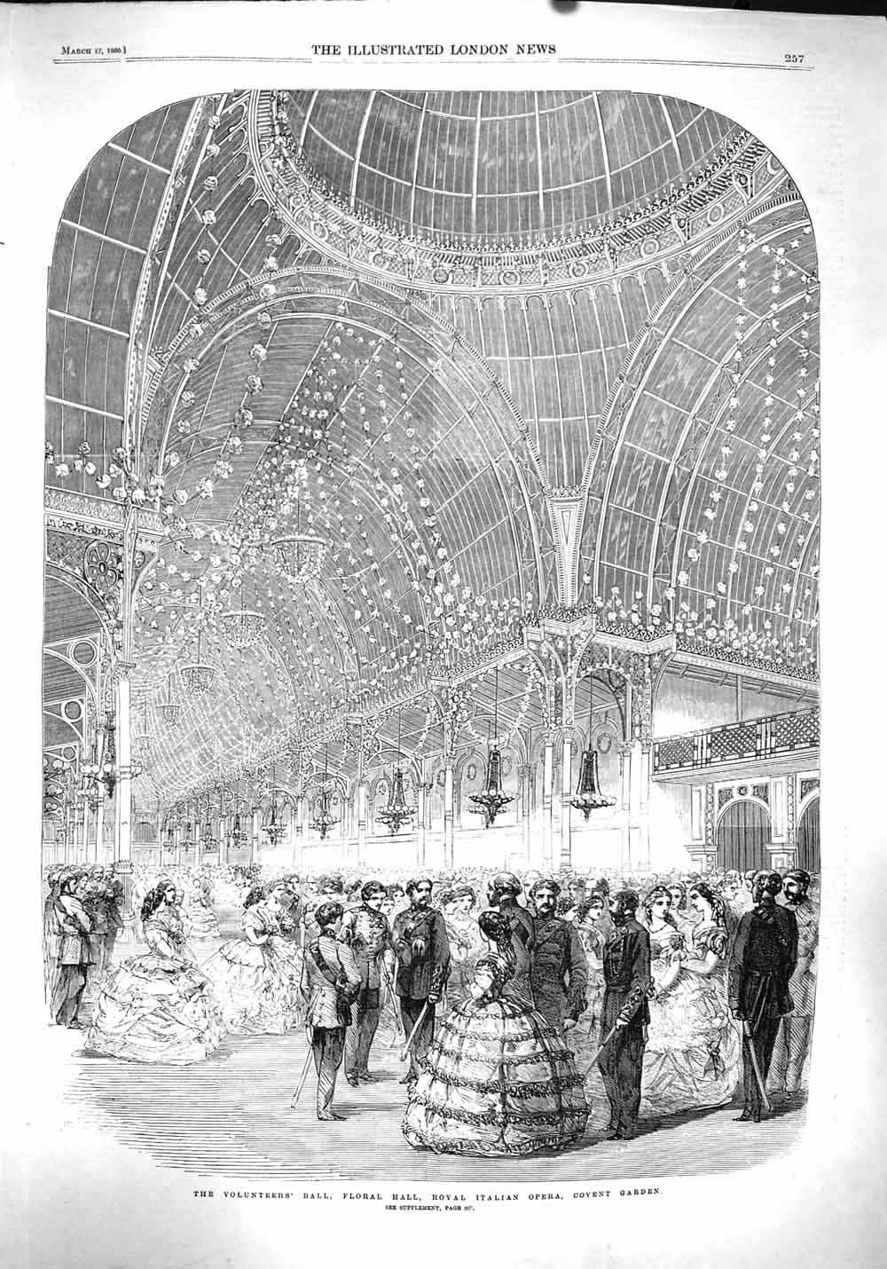 Original Old Antique Print 1860 Volunteers Ball Floral Hall Italian Opera 19th