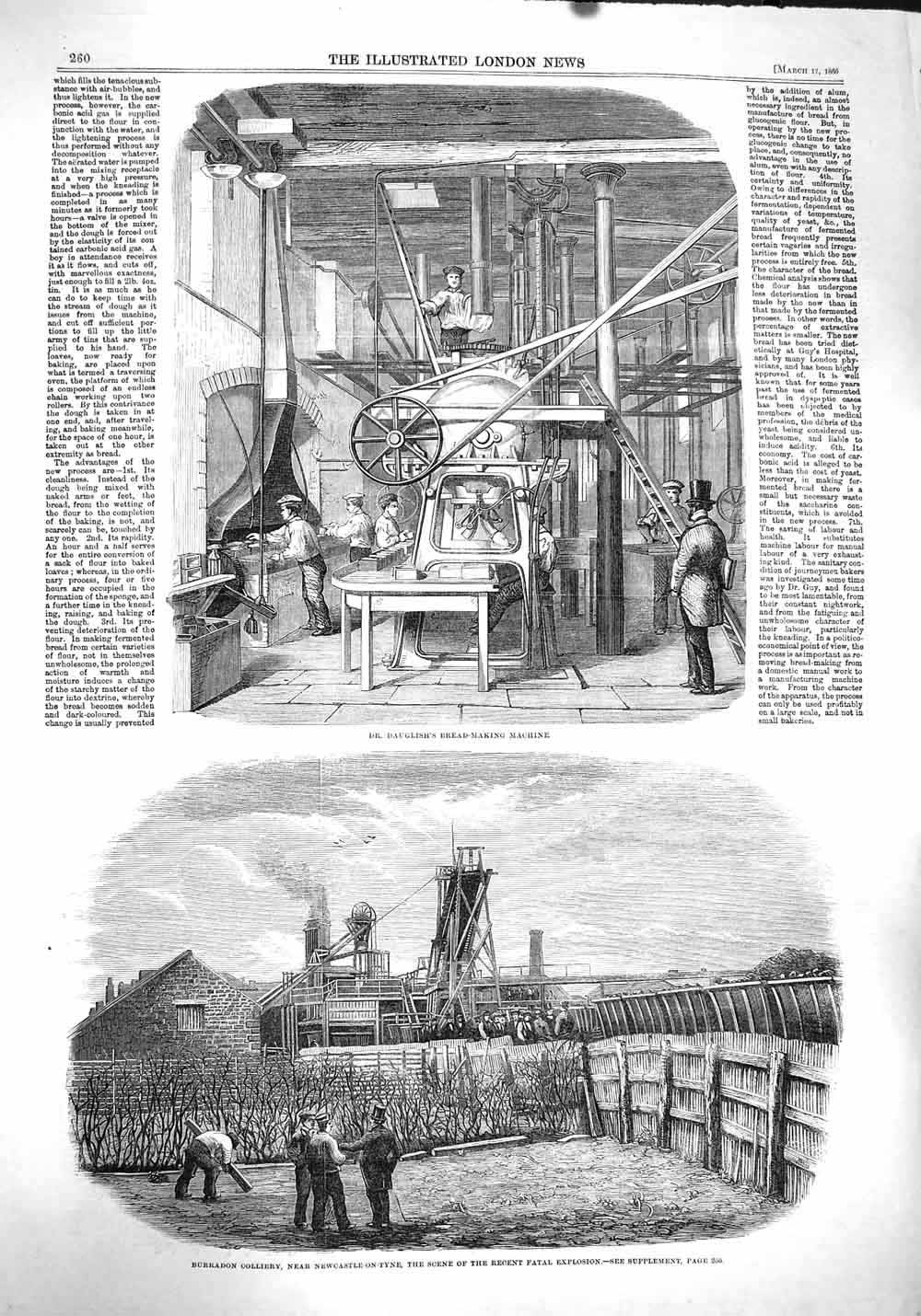 Original Old Antique Print 1860 Dauglish Bread-Making Machine Burradon C 19th