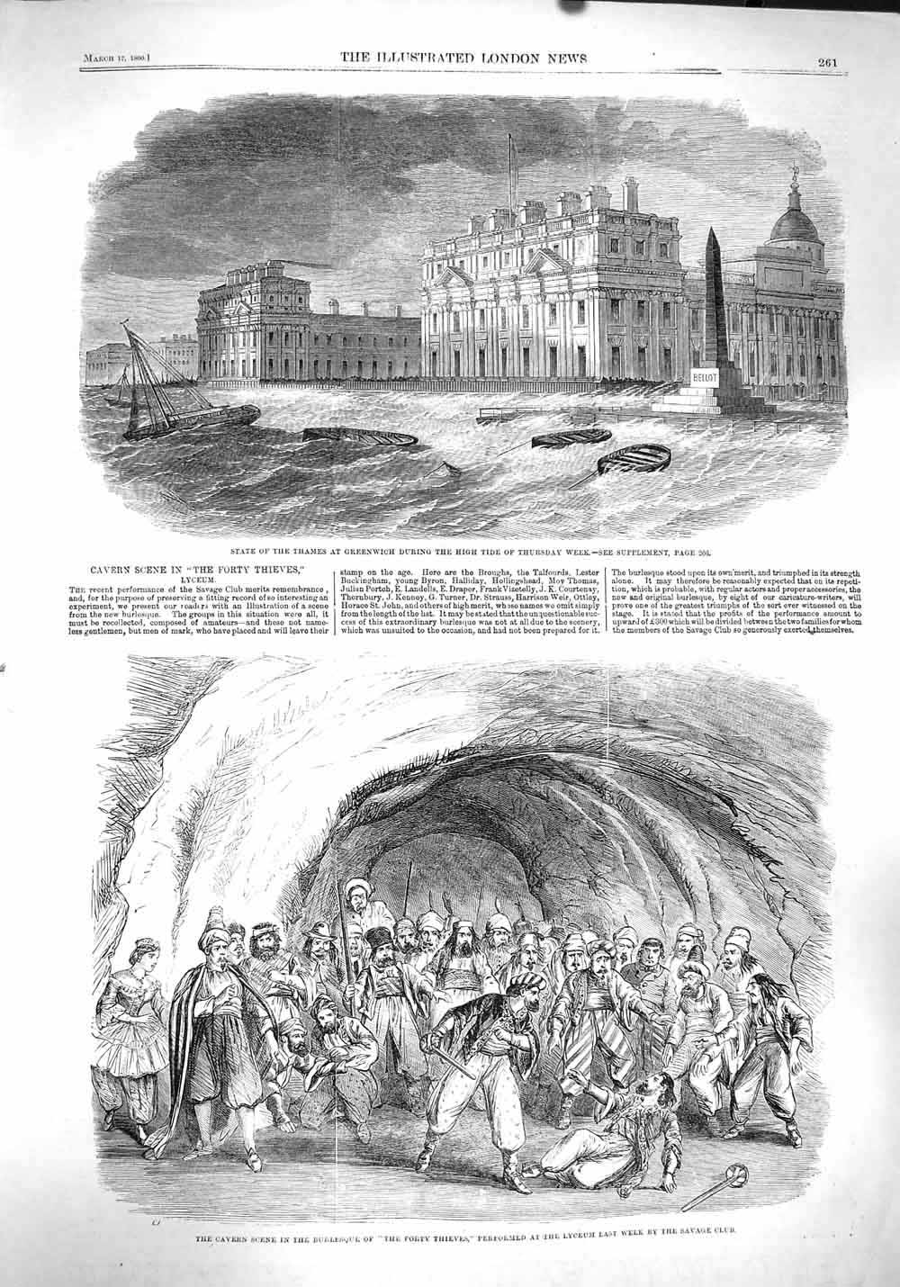 Old Antique Print 1860 River Thames Greenwich Cavern Scene Theatre Lyceum 19th