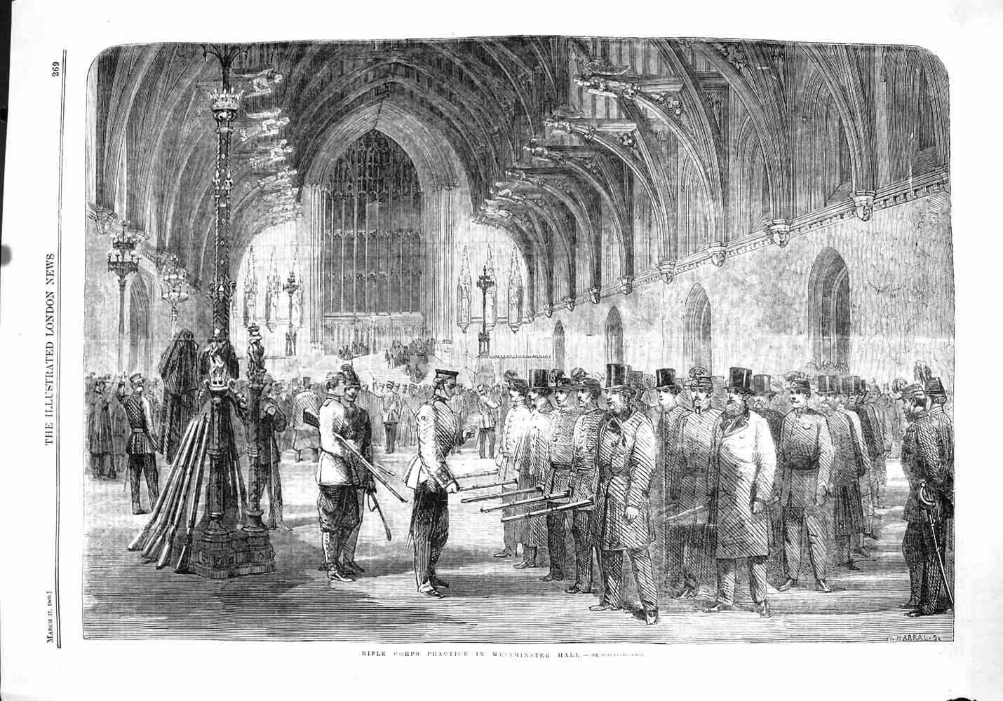 Old Antique Print *3774 1860 Rifle Corps Practice Westminster Hall London