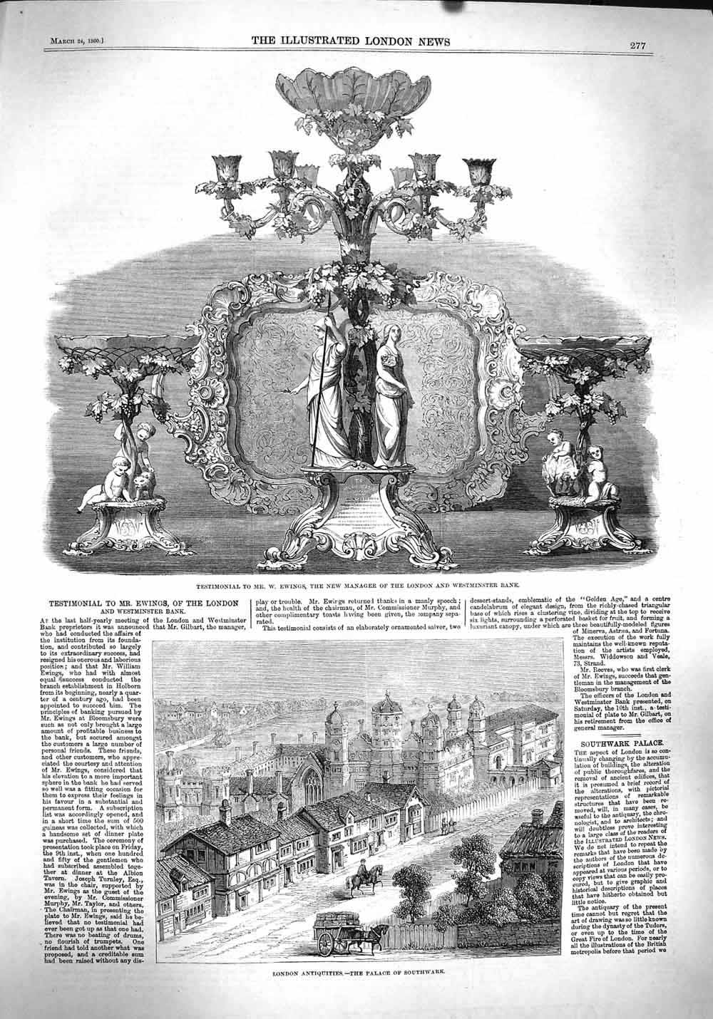 Original Old Antique Print 1860 Ewings Westminster Bank Palace Southwark London