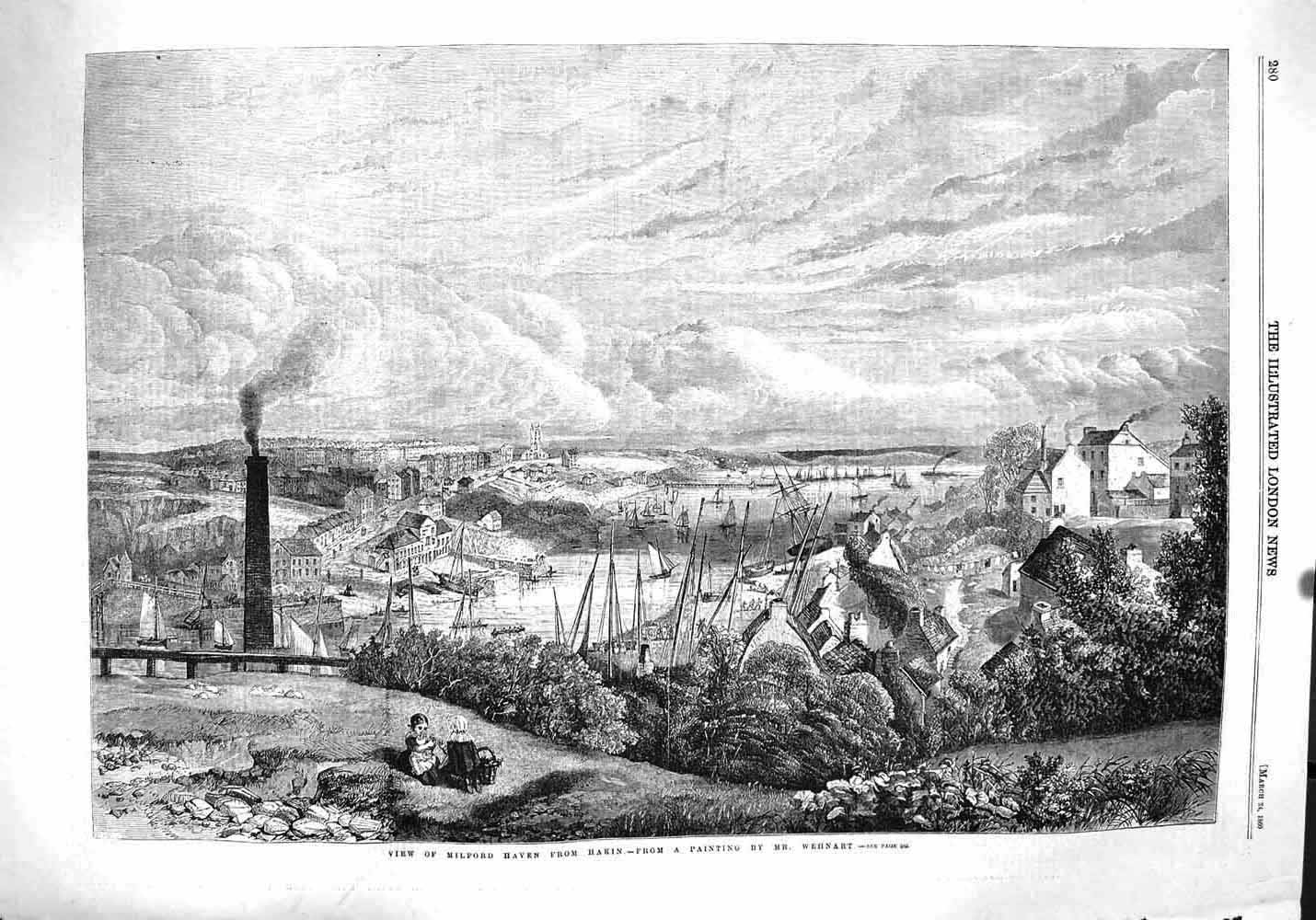 Original Old Antique Print 1860 View Milford Haven Hakin Ships Wehnart Fine Art
