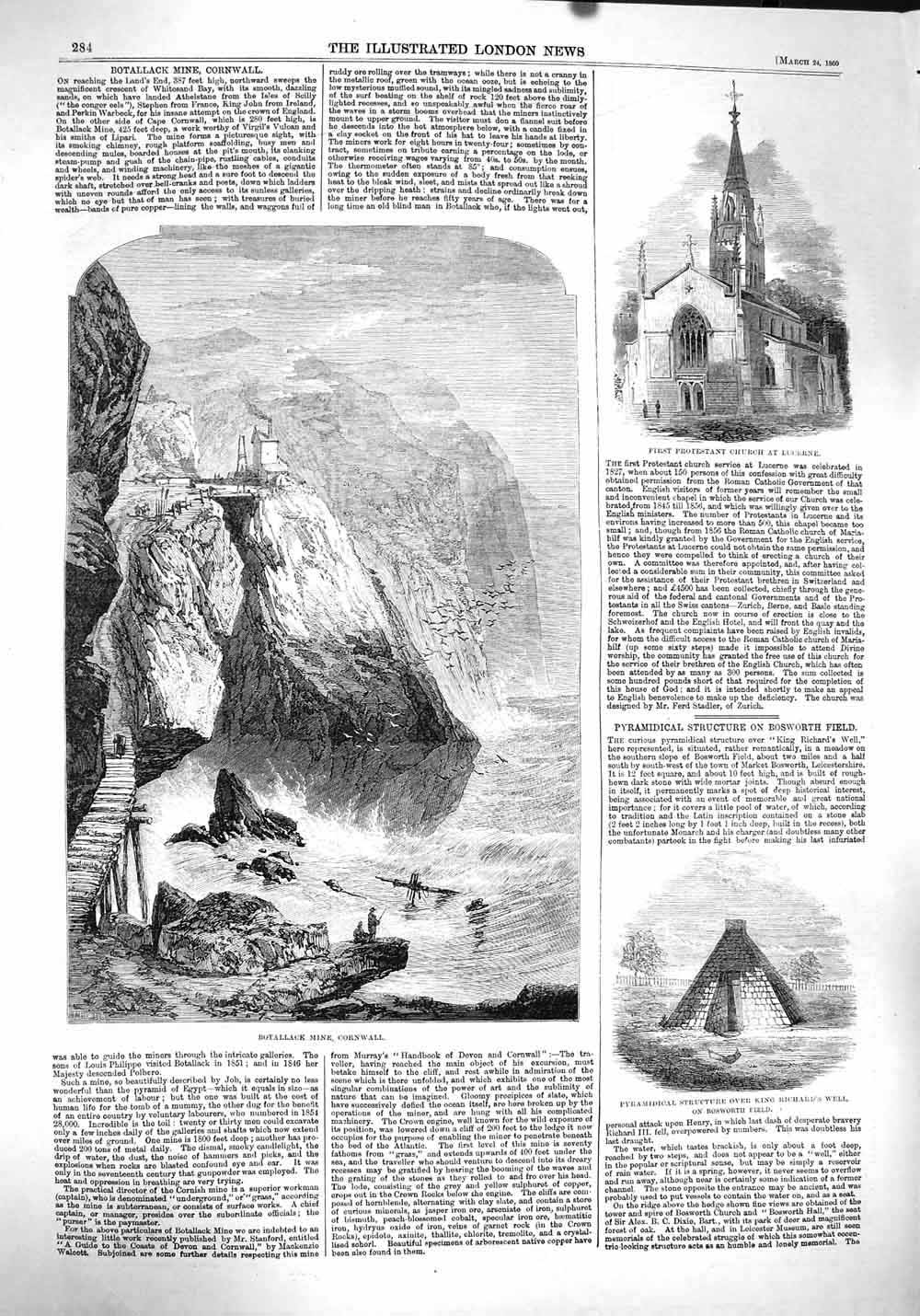 Old Antique Print 1860 Church Lucerne Botallack Mine Cornwall Richard'S 19th