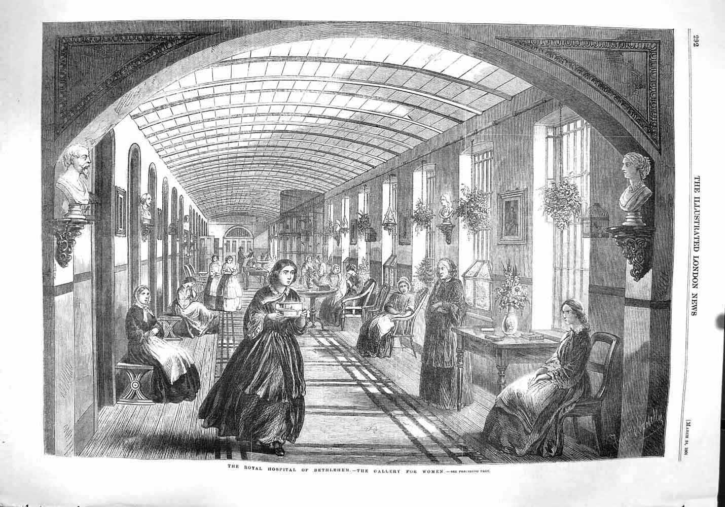 Original Old Antique Print 1860 Royal Hospital Bethlehem Gallery Women F 19th
