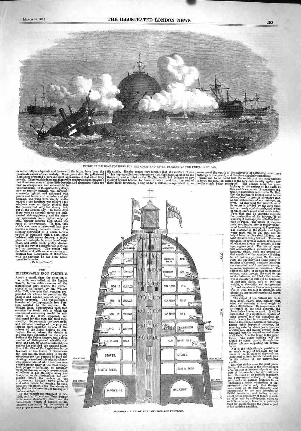 Old Antique Print 1860 Impregnable Fortress River Denfence United Kingdom 19th