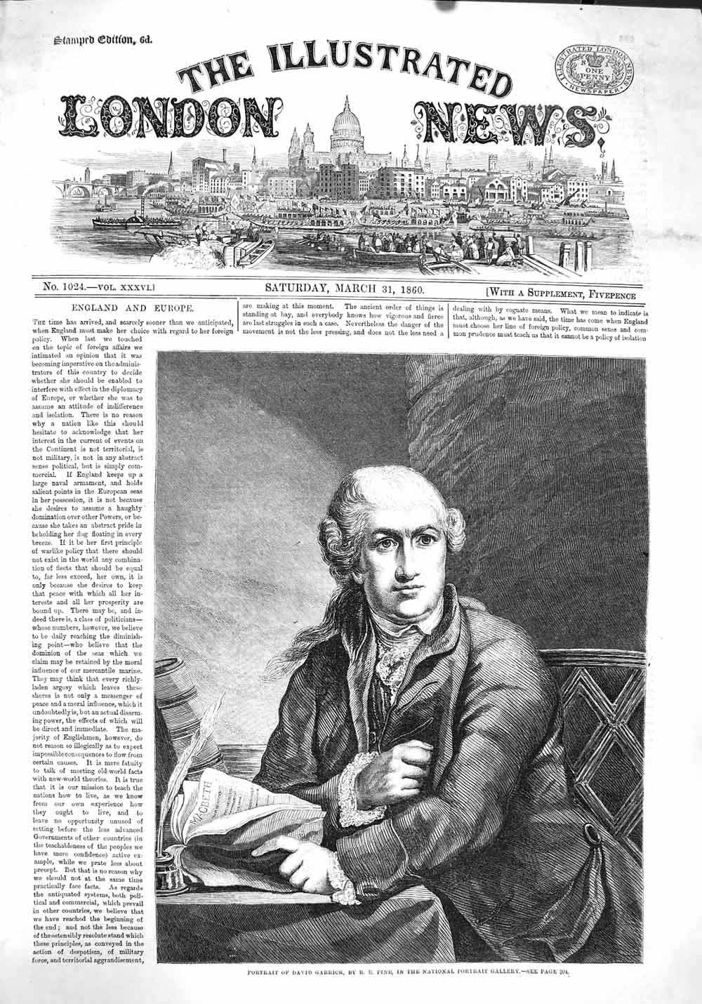 Original Old Antique Print 1860 Portrait David Garrick National Gallery 19th