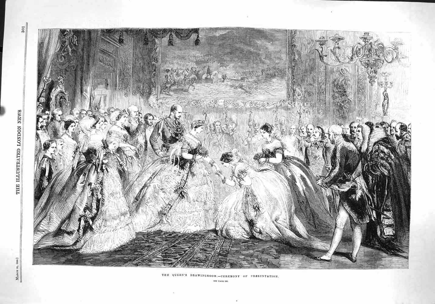 Original Old Antique Print 1860 Ceremony Presentation Queen'S Drawing Room 19th