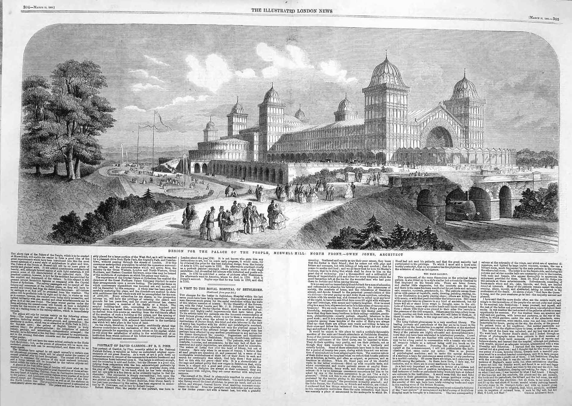 Original Old Antique Print 1860 Design Palace People Muswell Hill Architacture