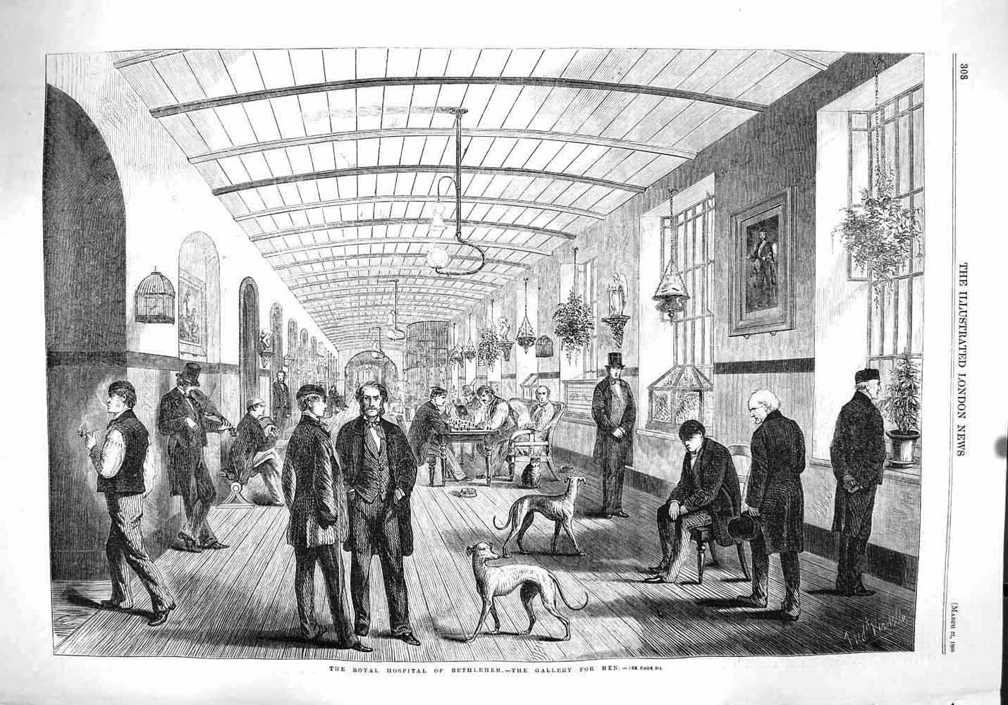 Original Old Antique Print 1860 Royal Hospital Bethlehem Gallery Men F Victorian