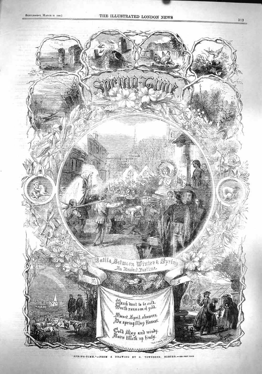 Original Old Antique Print 1860 Spring Time Scene Ancient Pastime Victorian