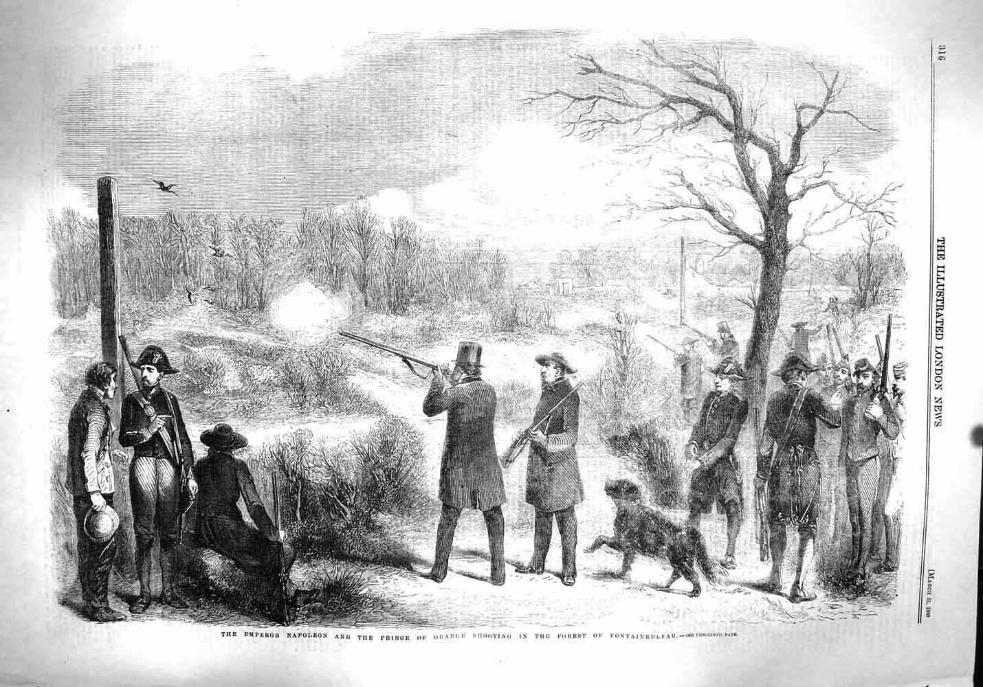 Original Old Antique Print 1860 Emperor Napoleon Orange Shooting Fontainbleau