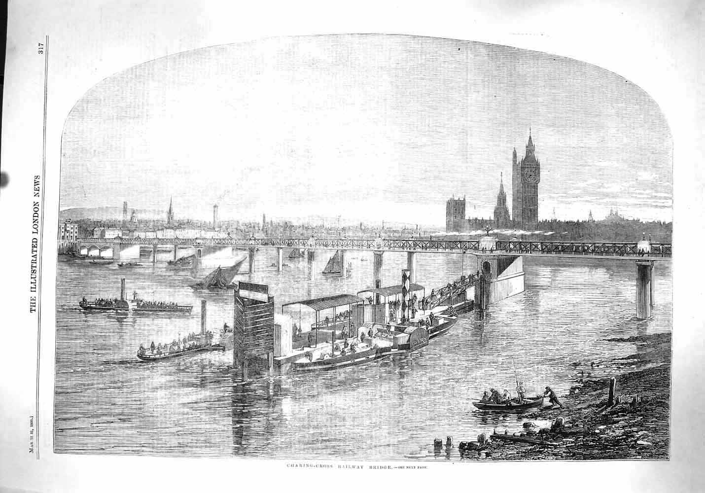 Original Old Antique Print 1860 Charing Cross Railway Bridge Train River Thames