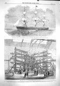 Old Antique Print 1860 Great Tasmania Ship Mersey Daily Telegraph Machine 19th