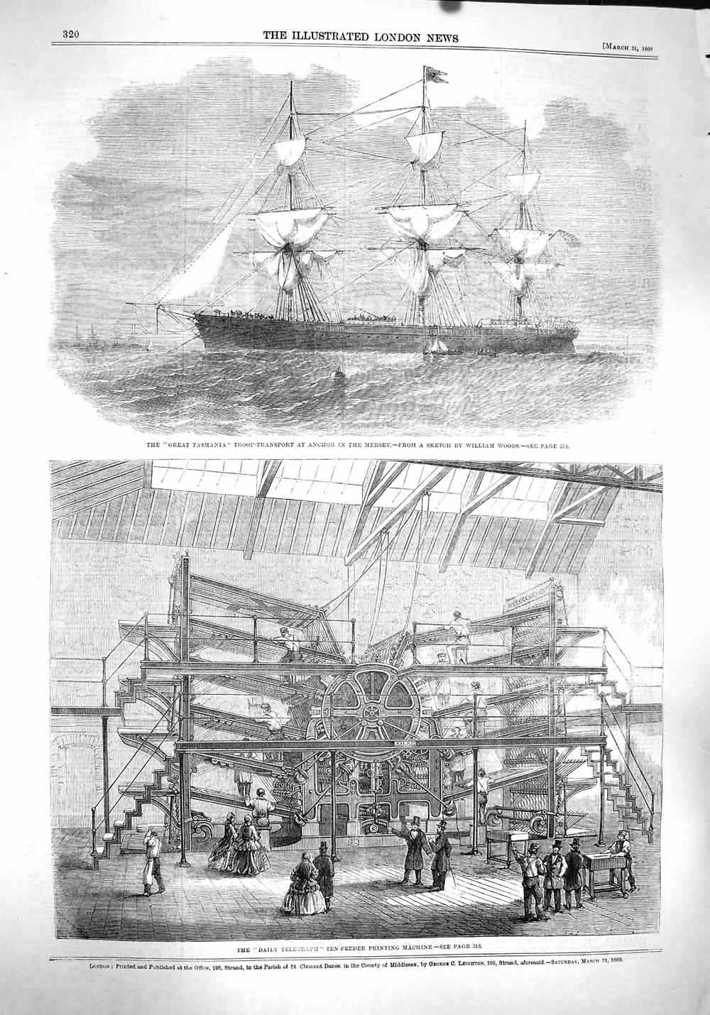 Old Antique Print 1860 Great Tasmania Ship Mersey Daily Telegraph Machine 19th