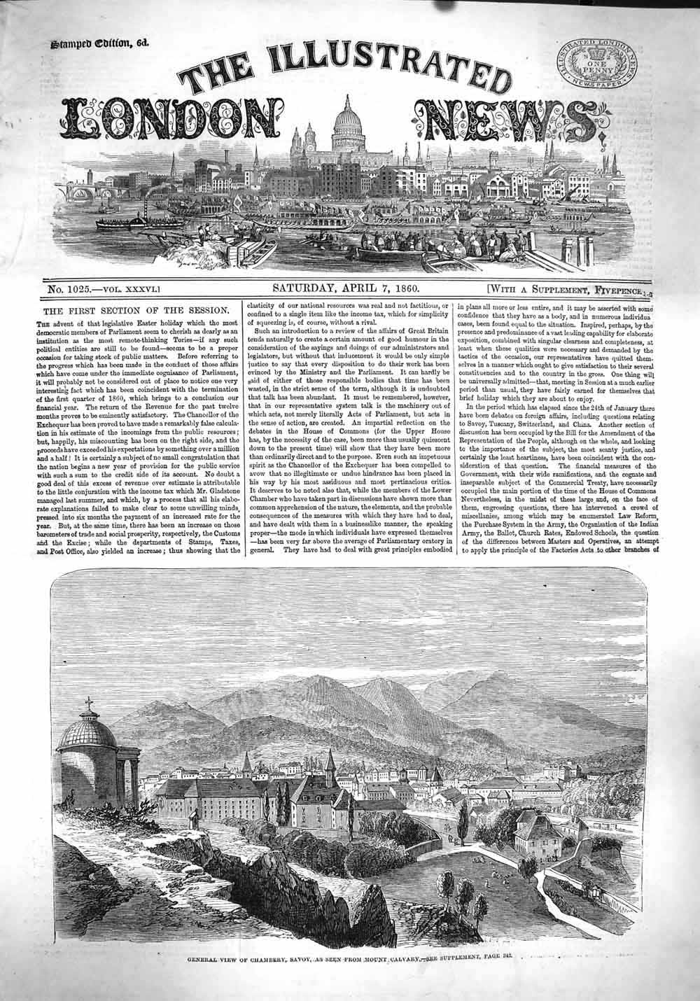 Original Old Antique Print 1860 General View Town Chambery Savoy Mount Cavalry