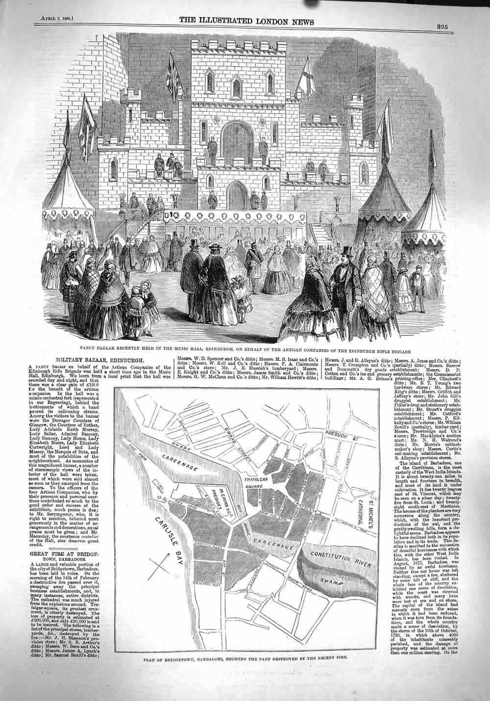Old Antique Print 1860 Fancy Bazaar Music Hall Edinburgh Plan Bridgetown 19th