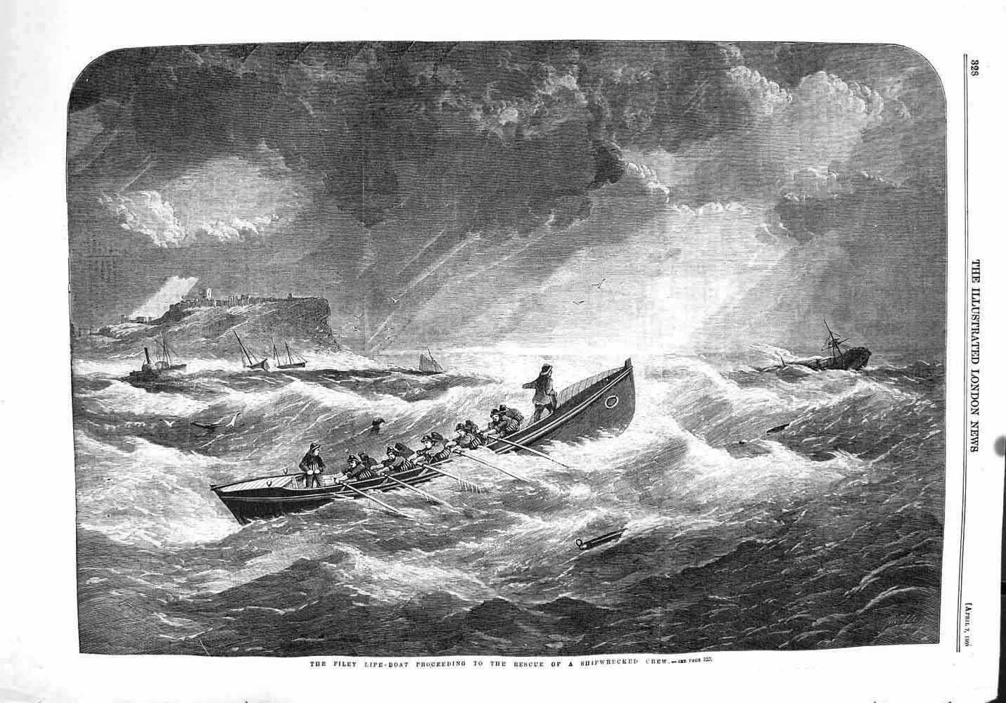 Original Old Antique Print 1860 Filey Life-Boat Resuce Shipwrcked Crew Fine Art