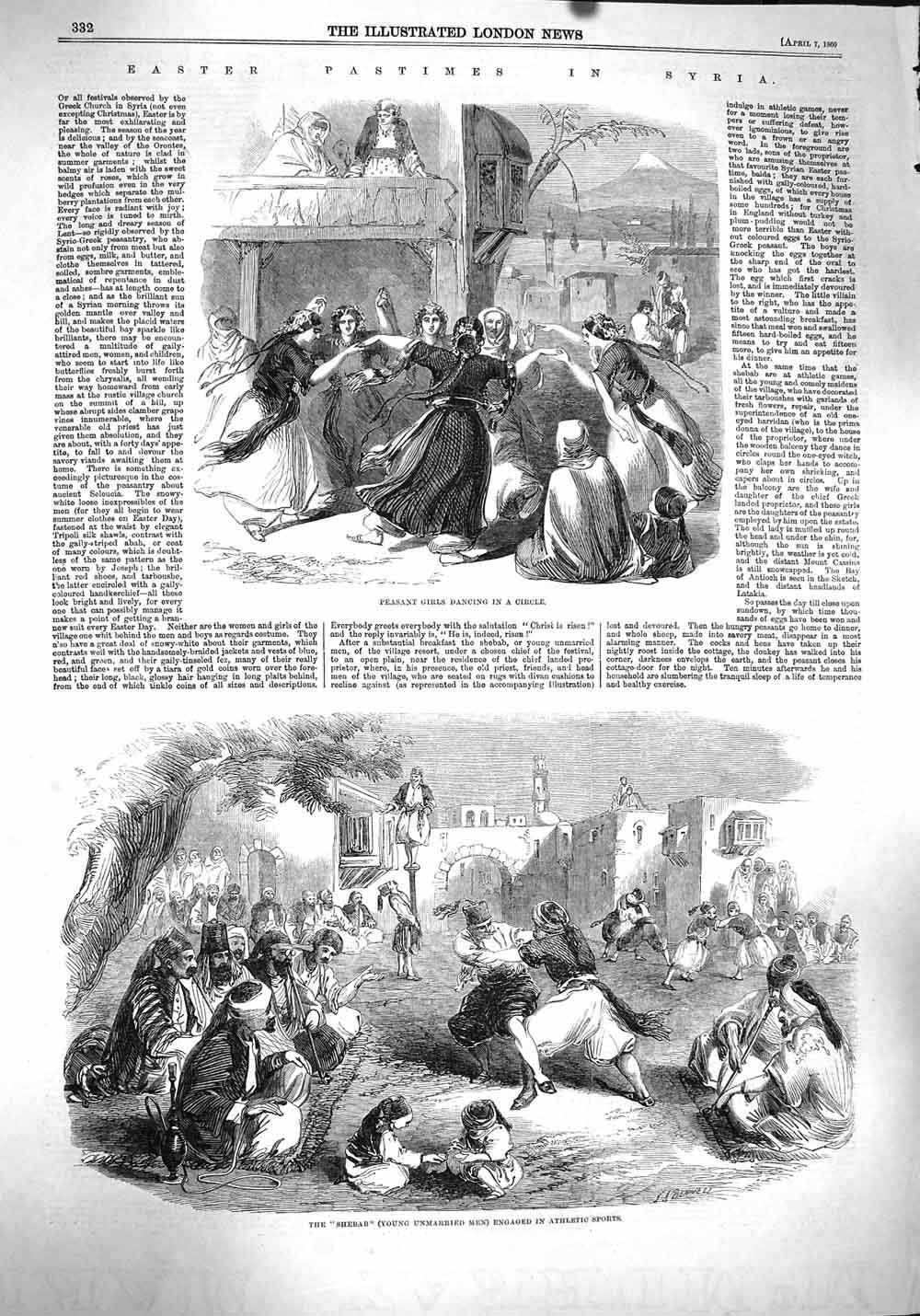Original Old Antique Print 1860 Peasant Dancing Girld Syria Shebab Athletic 19th