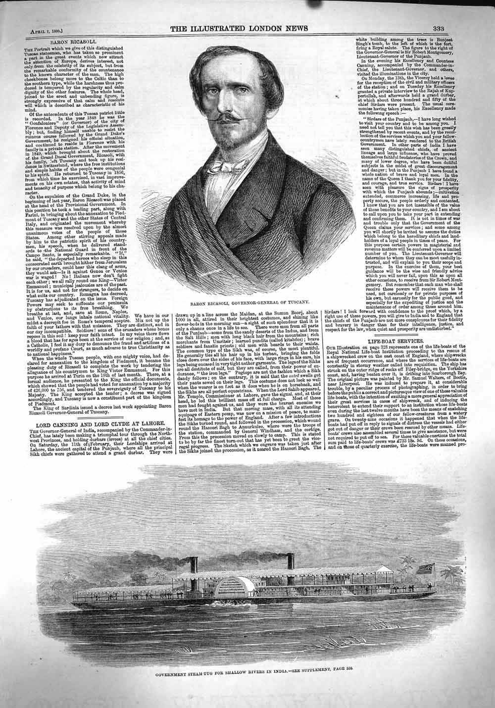 Original Old Antique Print 1860 Baron Ricasoli Tuscany Steam-Tug Rivers India