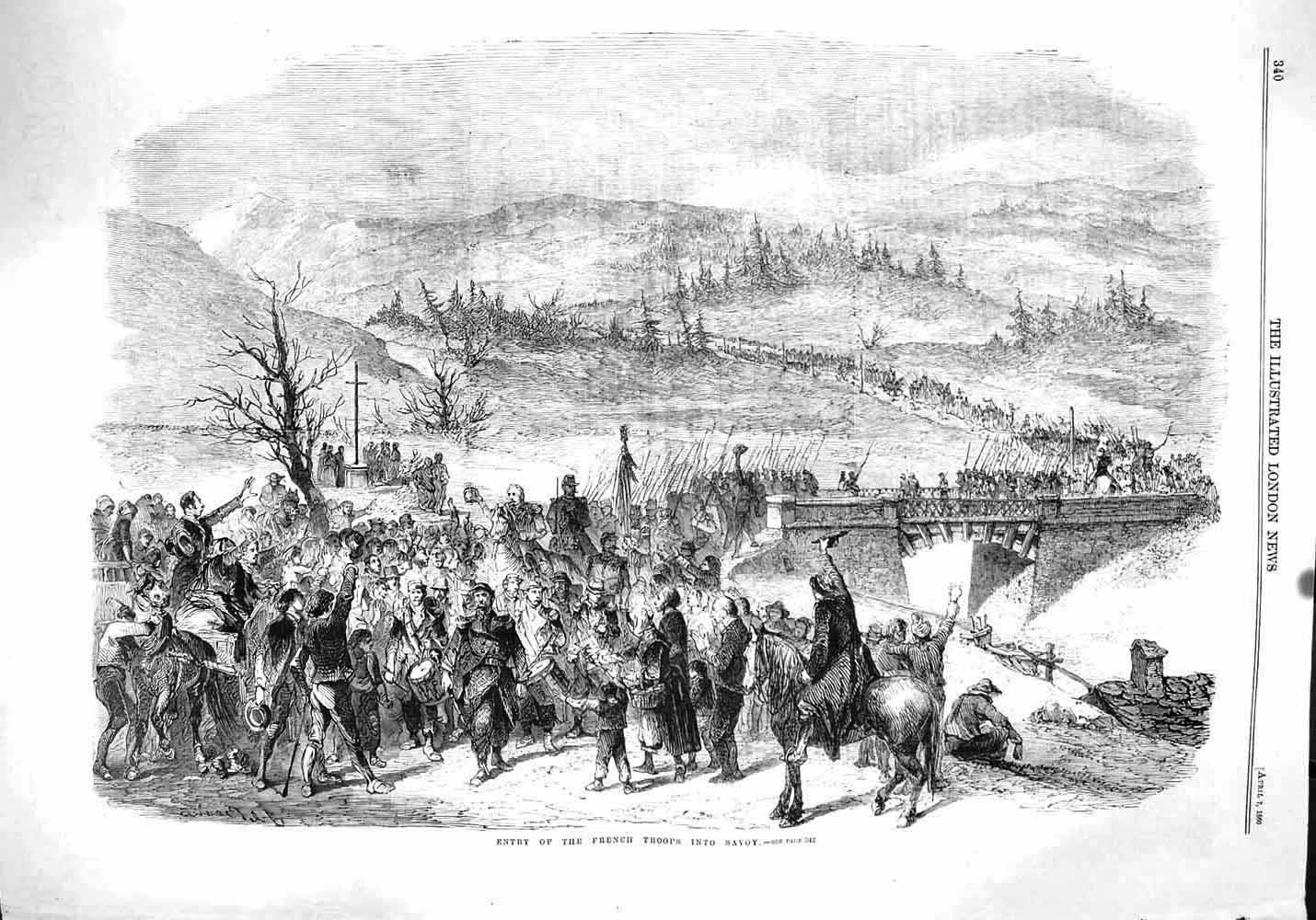 Original Old Antique Print 1860 Scene Entry French Troops Savoy Marching Bridge